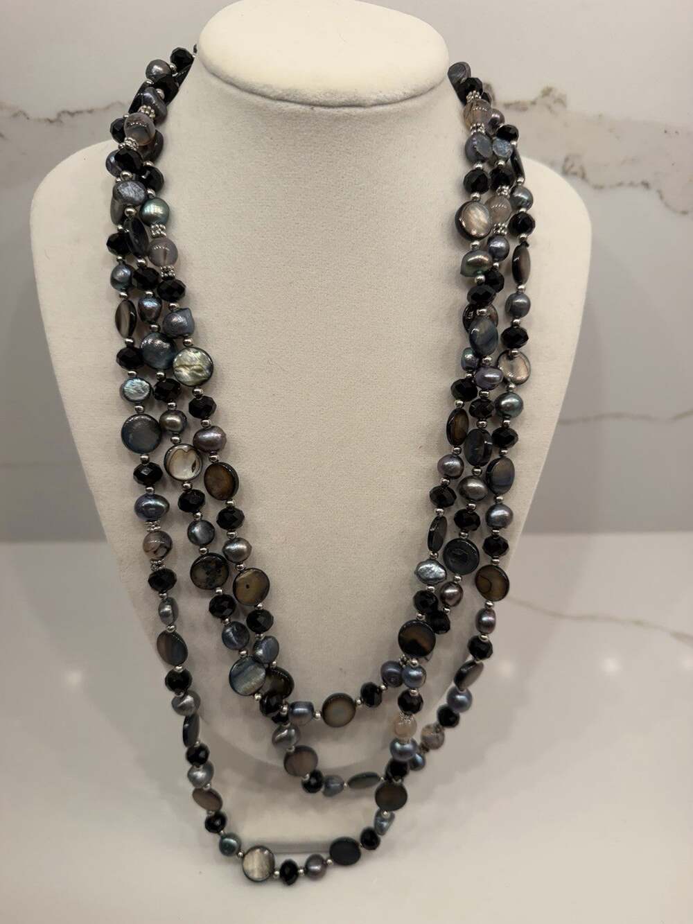 Long Layered Necklace Black Crystal Gray Freshwater Pearl Shell Beaded Statement